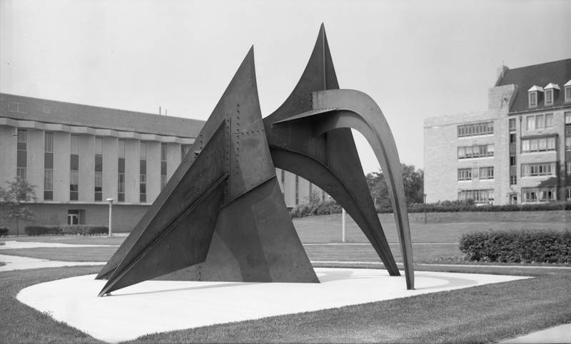 Artist Alexander Calder's "Le Baron," a stabile – as Calder called his statues – are seen on the central quad of Northern Illinois University, looking southwest in July 1970. Calder created the piece in 1965 and it was dedicated in DeKalb May 23, 1968.