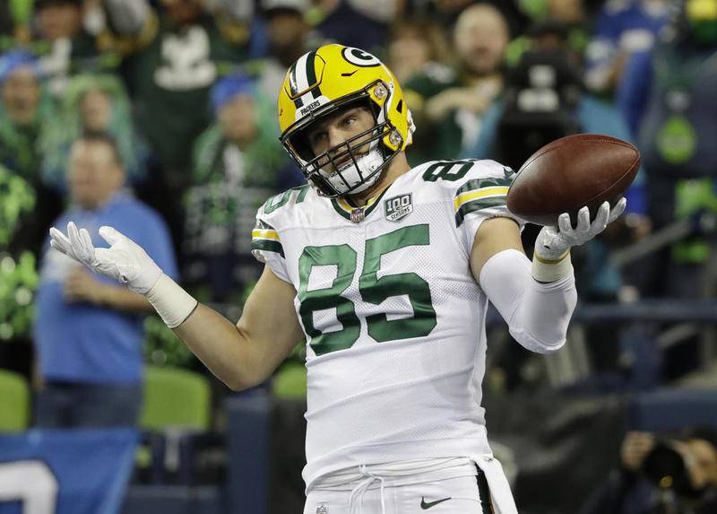 Green Bay Packers tight end Robert Tonyan reacts after catching a pass for a touchdown against the Seattle Seahawks during the first half Thursday in Seattle.