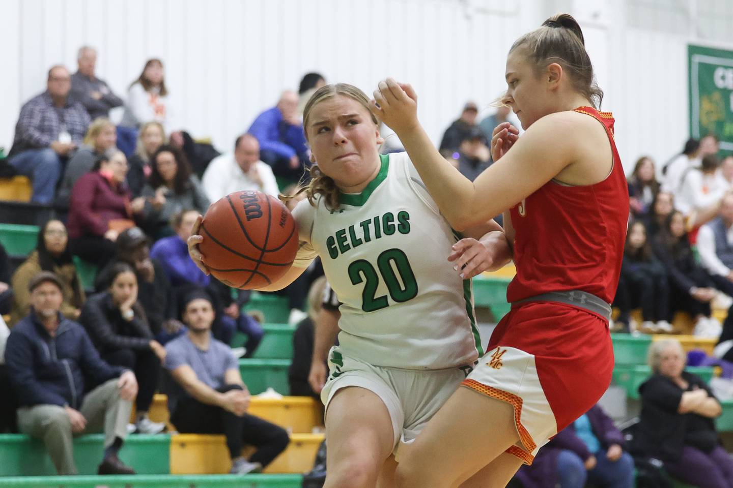 Providence’s Gabi Bednar powers her way to the basket against Mother McAuley on Monday, Jan. 8th, 2024 in New Lenox.