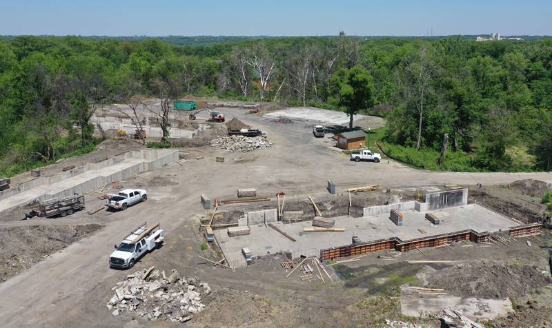 An aerial view of the site where a major fire broke out one-year later at Grand Bear Resort at Starved Rock on Friday, May 28, 2023 . Foundations have been poured and crews are beginning to rebuild after the fire.
