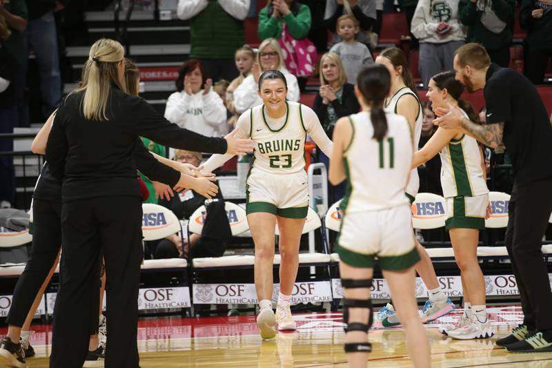 St. Bede's Ali Bosnich is introduced before the Class 1A State semifinal game on Thursday, Feb. 29, 2024 at CEFCU Arena in Normal.