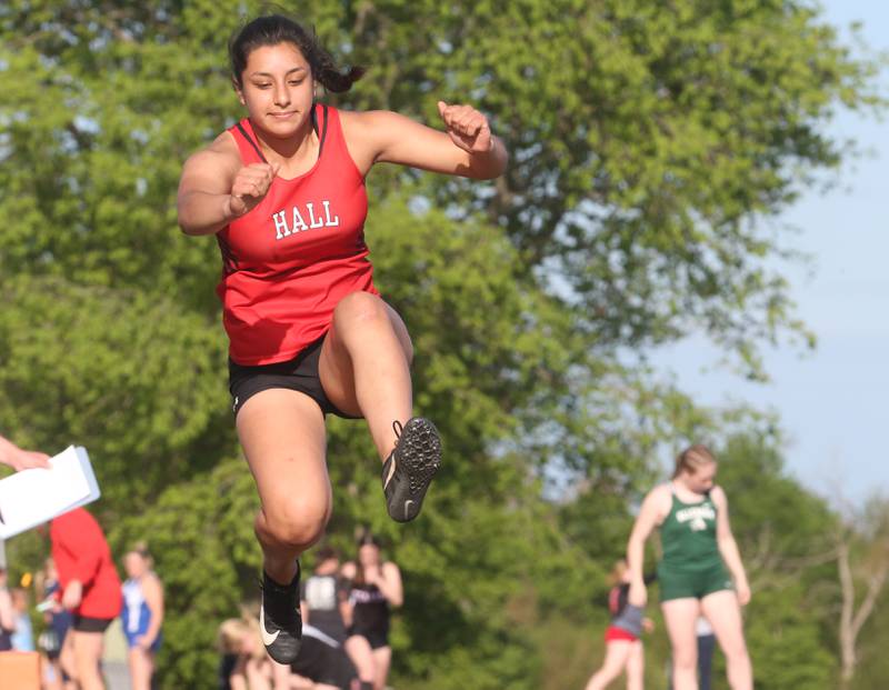 Hall's Natalia Zamora does the trople jump during the Class 1A Sectional meet on Wednesday, May 8, 2024 at Bureau Valley High School.