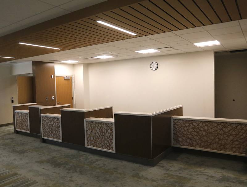 A lobby area on Friday, April 21, 2023, as construction continues on the new Mercyhealth hospital in Crystal Lake. The hospital is ramping up hiring as it gets set to open in this summer.