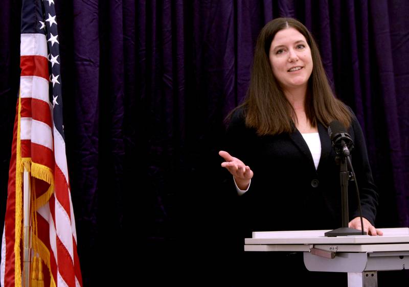 Jessica Bridges, candidate for St. Charles’ 1st ward alderman, gives her opening statement during a candidate forum hosted by the St. Charles Chamber of Commerce at Clarke Control in St. Charles on Wednesday, Feb. 22, 2023.