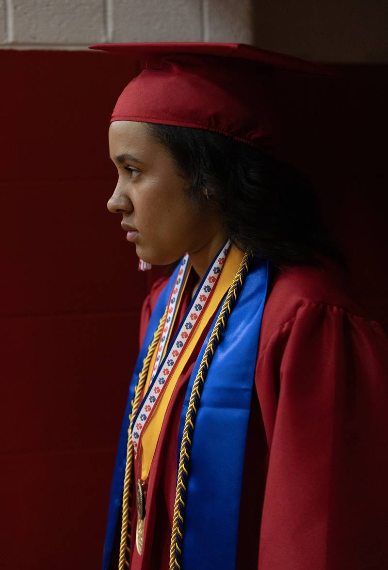 Ziara Webb waits for her queue to step out of the hallway Sunday, May 19, 2024, during Streator High School's graduation.