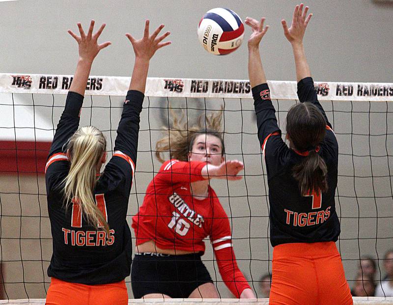 Huntley’s Georgia Watson sends the ball over the net against Crystal Lake Central during a Fox Valley Conference volleyball match on Tuesday, Aug. 27, 2024, at Huntley High School.