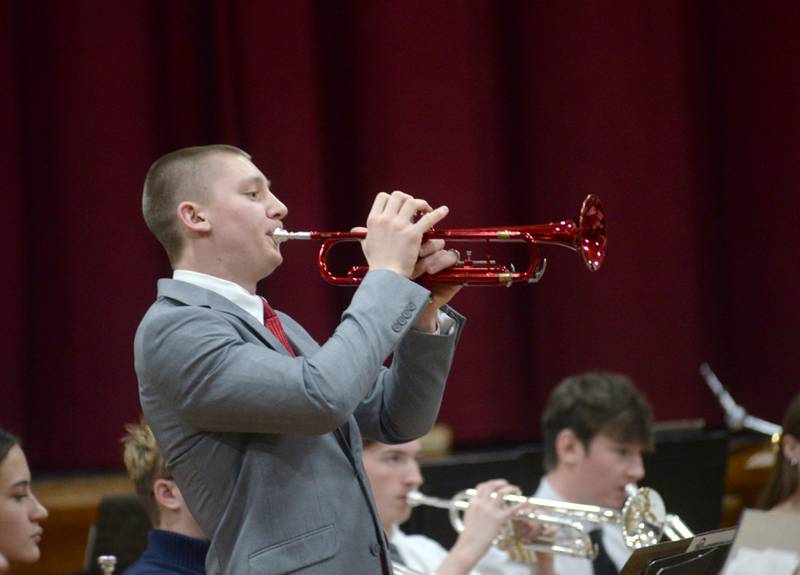 Ben Welle plays the trumpet during Oregon High School's Christmas Concert on Sunday, Dec. 17, 2023. The afternoon event was held in the OHS Music Room and also included performances by the OHS Choir.