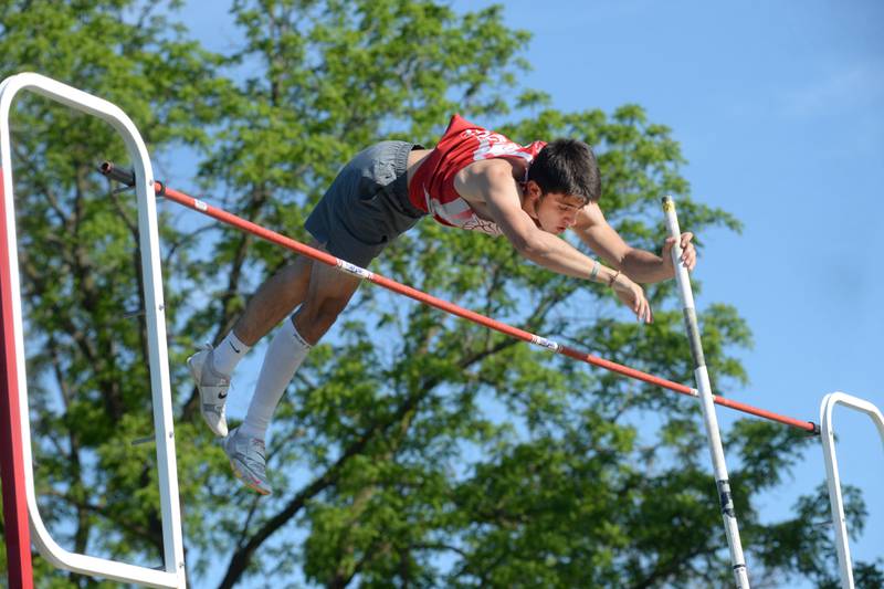 Oregon's Leo Cardenas clears 3.85 meters (12' 7.5"" to finish first in the pole vault at the 1A Winnebago Sectional on Friday, May 17, 2024 in Winnebago. He will compete in the event at the state finals at Eastern Illinois University in Charleston.