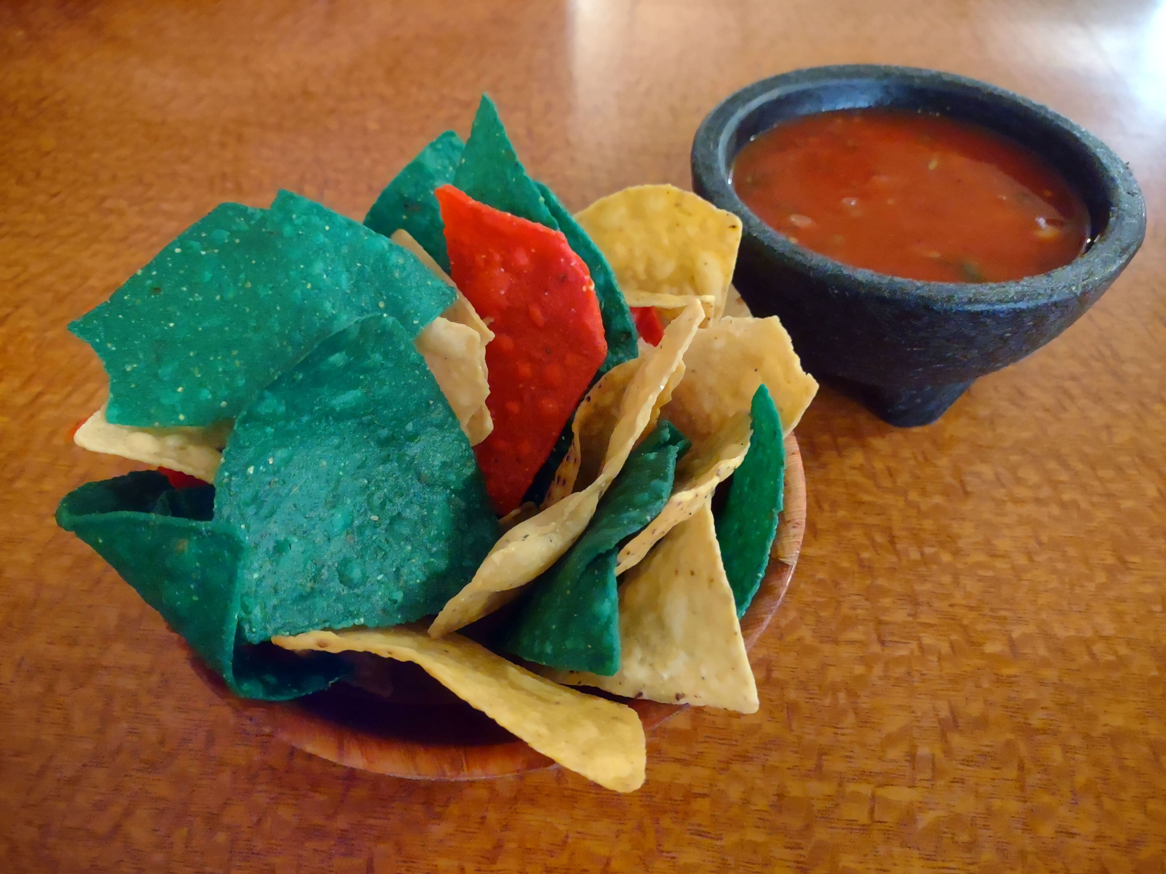 The chips were the colors of the Mexican flag at Mr. Salsa's in Oglesby.