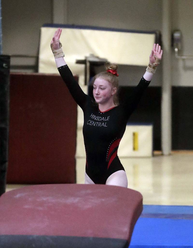 Hinsdale Central’s Kelly Klobach competes on the vault during the IHSA Girls Gymnastics State Finals Saturday February 19, 2022 at Palatine High School.