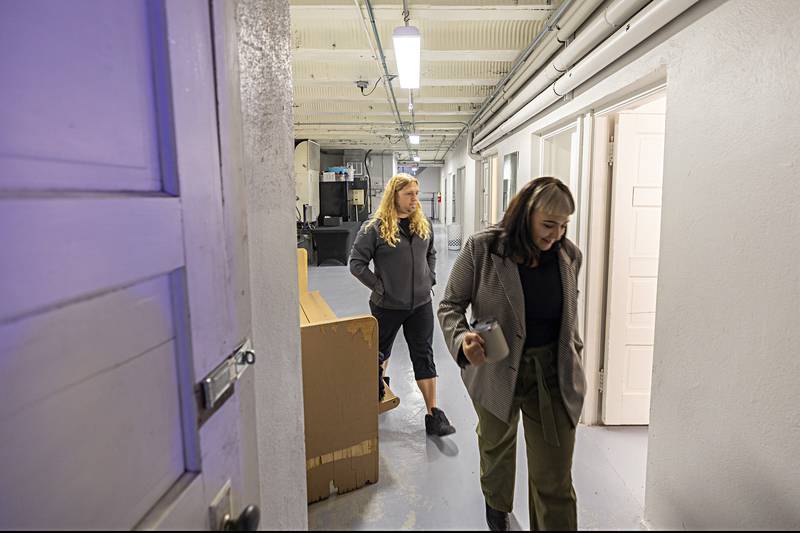 Shipp and Dempsey tour the dressing rooms below the stage Thursday, Oct. 19, 2023 of The Dixon.