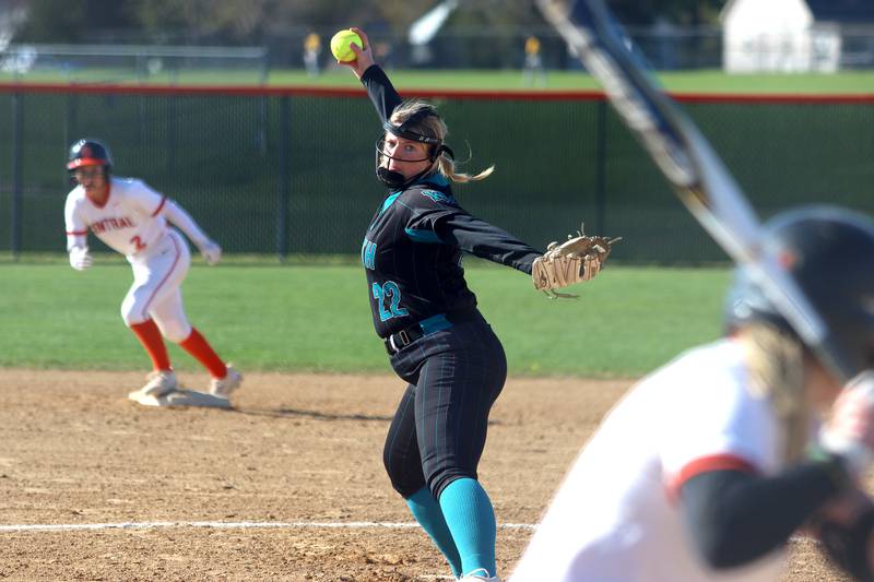 Woodstock North’s Jo Jo Vermett deals in varsity softball at Crystal Lake Central Friday.