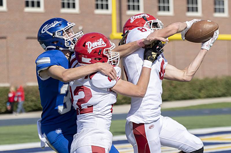 Hall’s Braden Curran snags an interception Saturday, Oct. 7, 2023 in a game in Sterling.