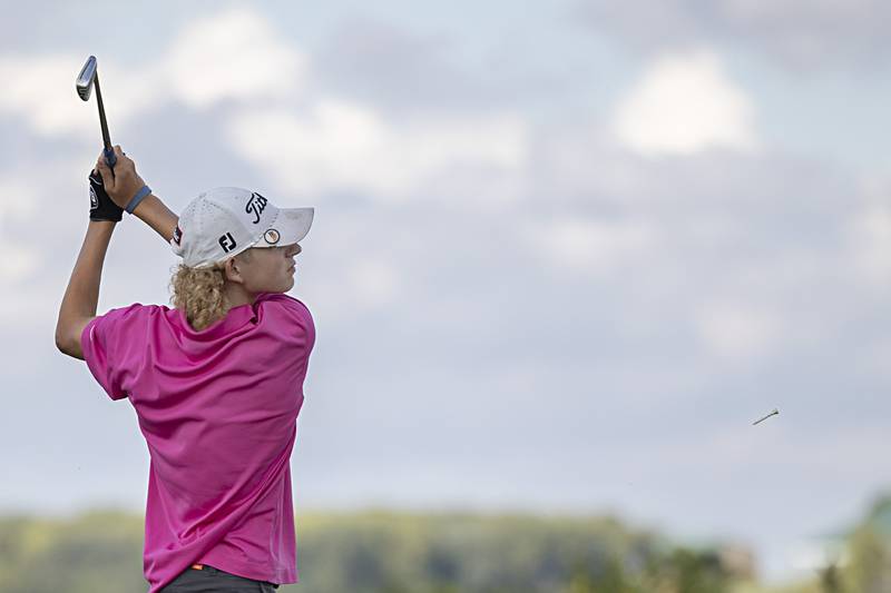 Rock Falls’ Carter Dillon watches his tee shot fly on #2 Wednesday, Sept. 27, 2023 during the class 2A golf regionals at Deer Valley Country Club.