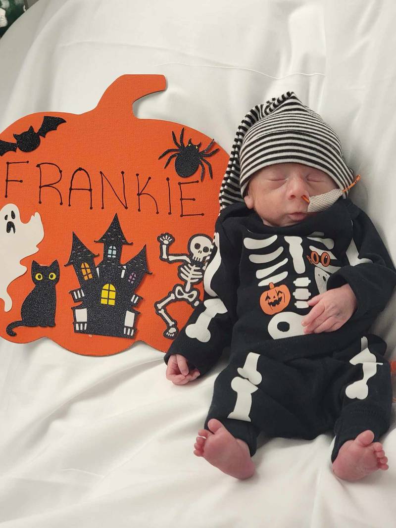 Frankie, whose mother is Lauren Specchio of Crystal Lake, is dressed up for Halloween 2023 in the neonatal intensive care unit at Advocate Children's Hospital.