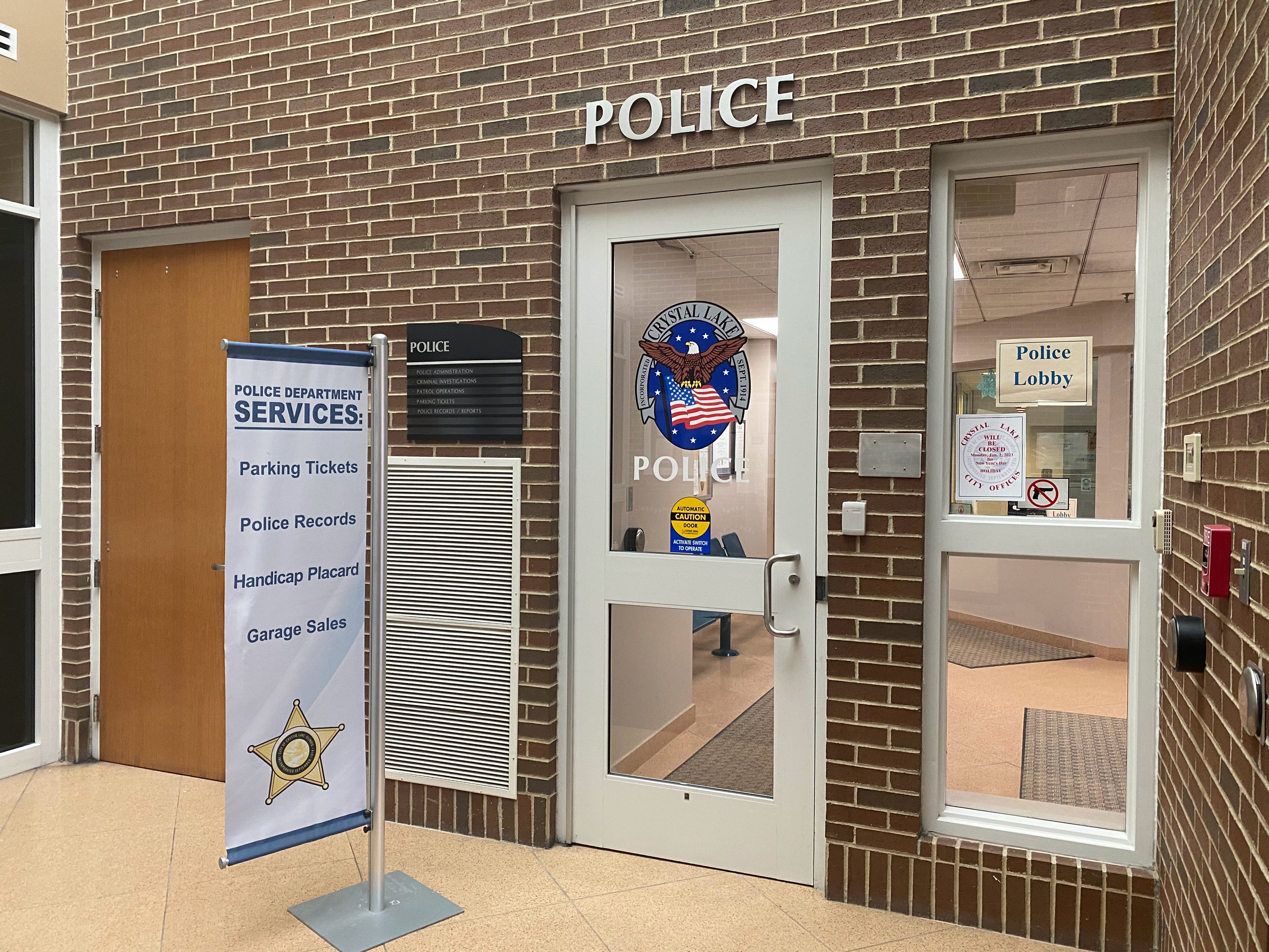 The Crystal Lake Police Department entrance inside city hall on Thursday, Dec. 29, 2022.