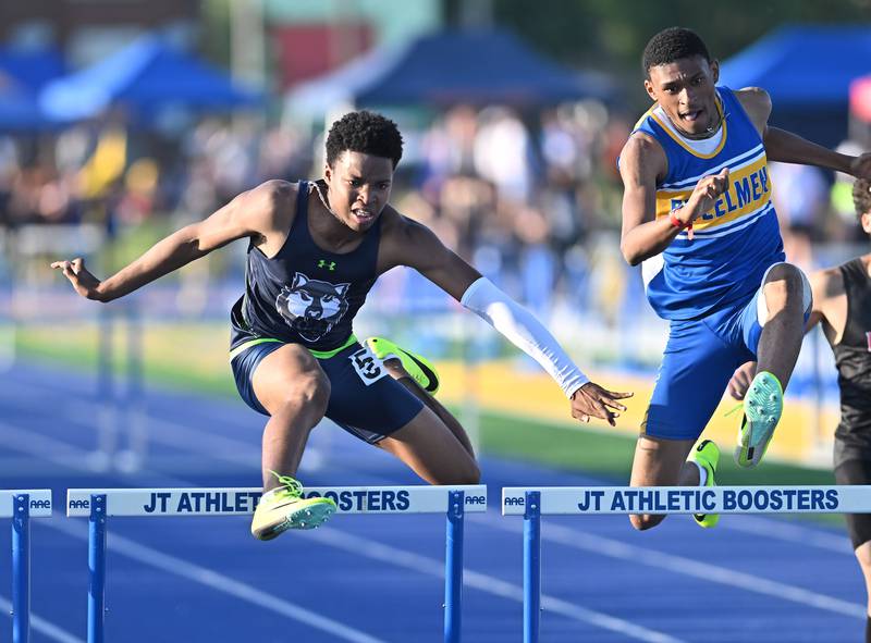 Oswego East's Noah Snow competing in the 300 meter hurdles during the IHSA 3A Sectional track meet  on Friday, May. 17, 2024, at Joliet.