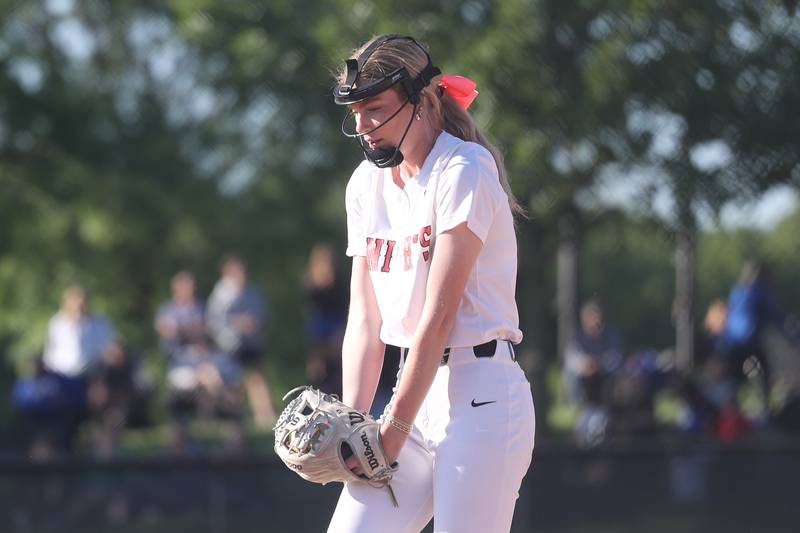 Lincoln-Way Central’s Lisabella Dimitrijevic keeps her eyes on the ground at the stat of her delivery against Lincoln-Way East in the Class 4A Lincoln-Way Central Sectional semifinal on Wednesday, May 29, 2024 in New Lenox.