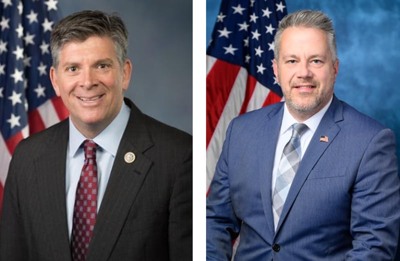 U.S. Representatives Darin LaHood, 16th District, at left, and Eric Sorensen, 17th District, appear in their official U.S. House portraits for the 118th Congress.