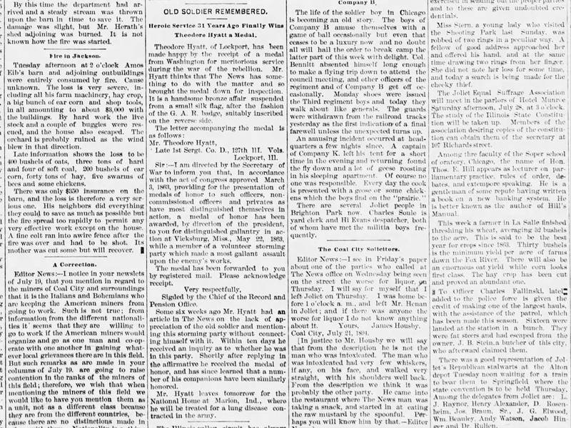 A clipping from the Joliet News that appeared on Page 7 of the July 27, 1894 edition.