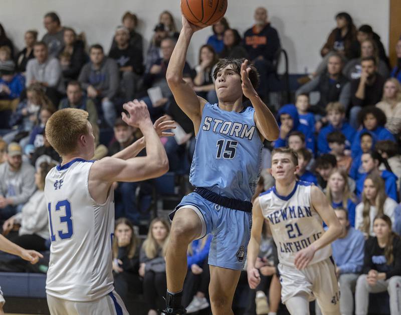 Bureau Valley’s Corban Chhim puts up a shot over Newman’s George Jungerman Friday, Jan. 26, 2024 at Newman High School.