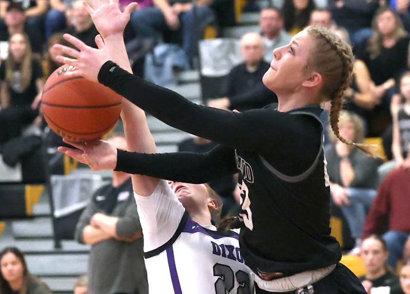 Kaneland's Kendra Brown gets to the basket in front of Dixon’s Katie Drew Thursday, Feb. 22, 2024, during their Class 3A sectional final game at Sycamore High School.