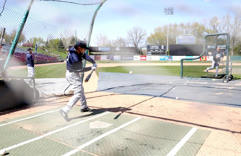 Kane County Cougars player Pete Kozma hits in batting practice during a practice at Northwestern Medicine Field in Geneva on Thursday, May 4, 2023. The Cougars’ season opens May 11.
