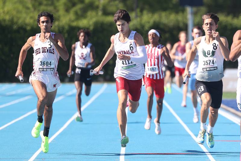Plainfield North’s Easton Miller anchors to a 3rd place finish in the Class 3A 4x400 Meter Relay State Championship on Saturday, May 25, 2024 in Charleston.