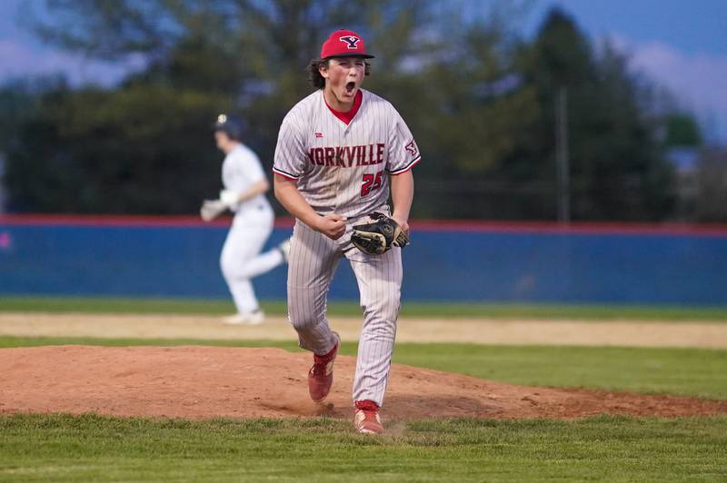 Yorkville's Preston Regnier (25) reacts after defeating Oswego in the bottom of the 7th inning of a baseball game at Oswego High School on Monday, April 29, 2024.