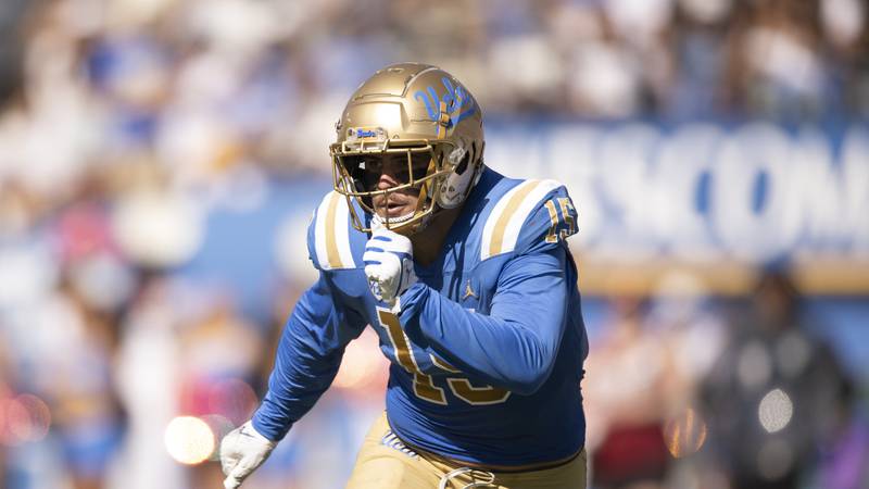 UCLA defensive lineman Laiatu Latu runs during a against Washington State on Saturday, Oct. 7, 2023, in Los Angeles.