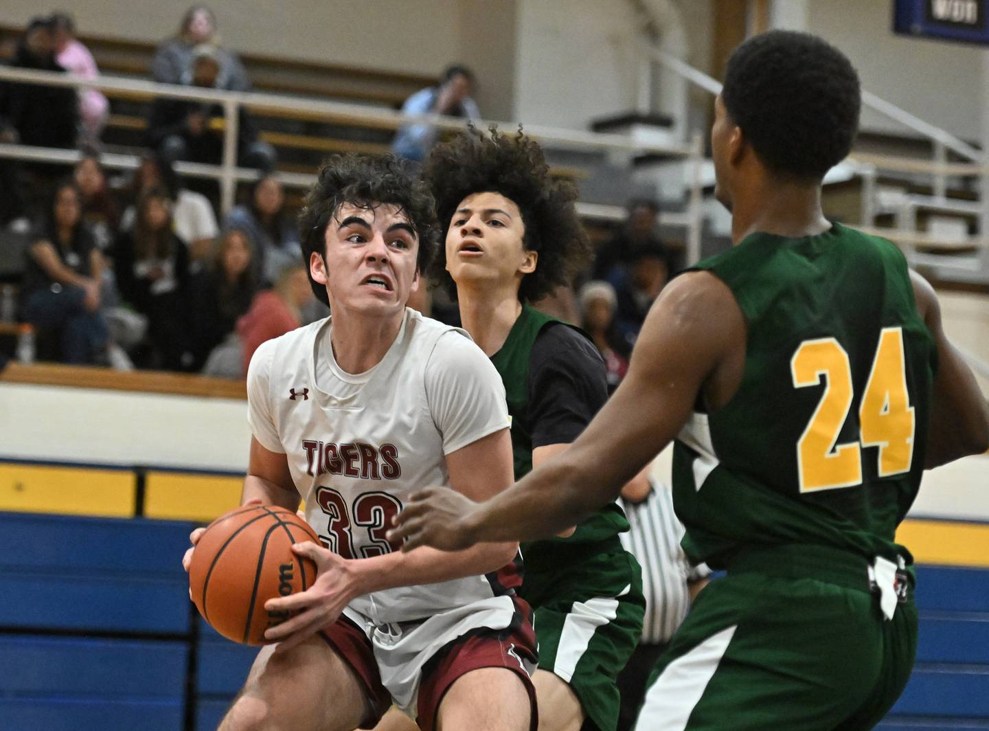 Plainfield North's Jeffrey Fleming double teamed during a conference game against Joliet Central on Friday, Jan. 19, 2024, at Joliet. (Dean Reid for Shaw Local News Network)
