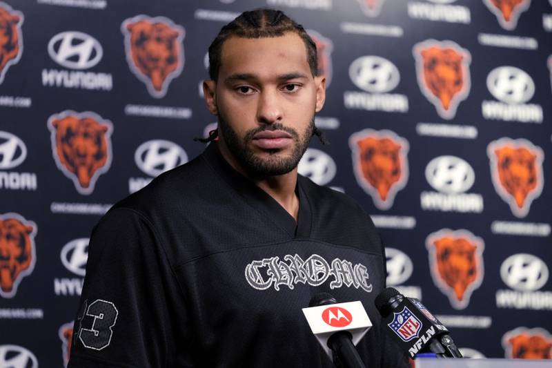 Chicago Bears defensive end Montez Sweat listens to reporters during a news conference following practice at the NFL football teams minicamp in Lake Forest, Ill., Tuesday, June 4, 2024. (AP Photo/Nam Y. Huh)