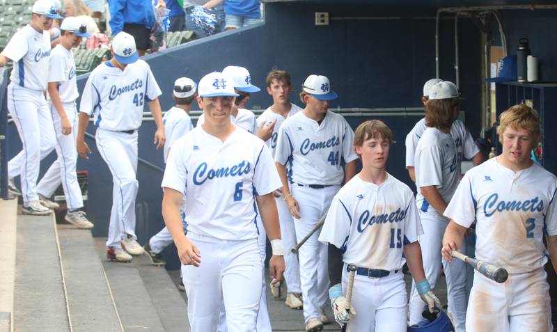 Members of the Newman baseball team walk off of the field after being defeated by Maroa-Forsyth 11-1 during the Class 2A semifinal game on Friday, May 31, 2024 at Dozer Park in Peoria.