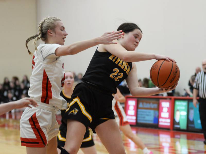 Riverdale's Jillian Murray (23) snags a rebound against Stillman Valley on Tuesday. Feb. 20, 2024 at the 2A Oregon Sectional held at the Blackhawk Center at Oregon High School. The Rams' season ended with a 57-34 loss to the Cardinals.