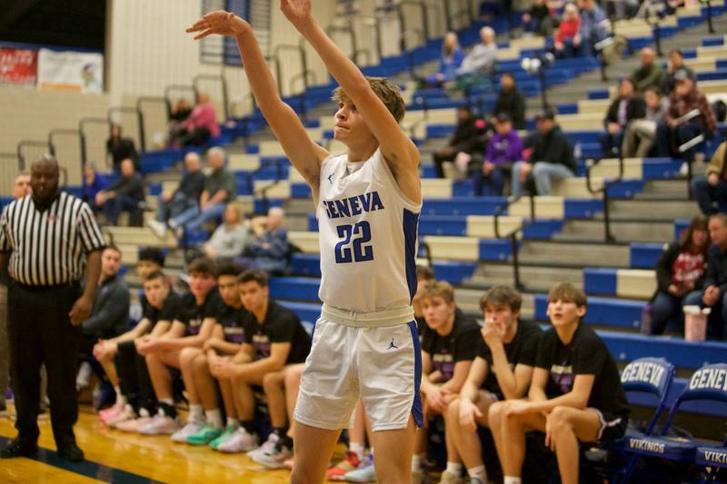 Geneva's Dane Turner shoots a three pointer against Hampshire at Geneva Day of Hoops on Monday, Jan. 15th in Geneva.