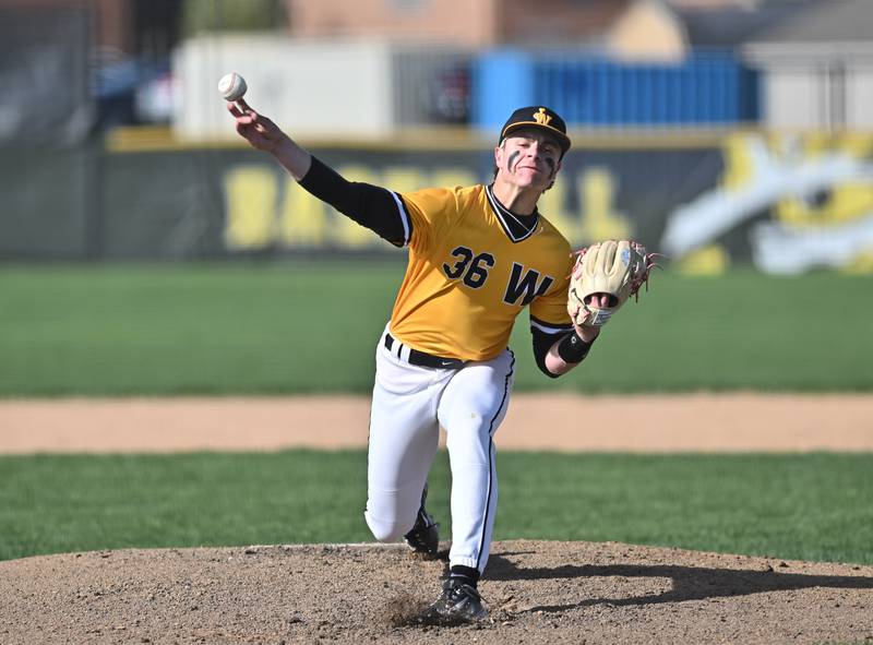 Joliet West's Jimmy Anderson throws a pitch during the non-conference game against Lincoln-Way West on Friday, April. 19, 2024, at Joliet.