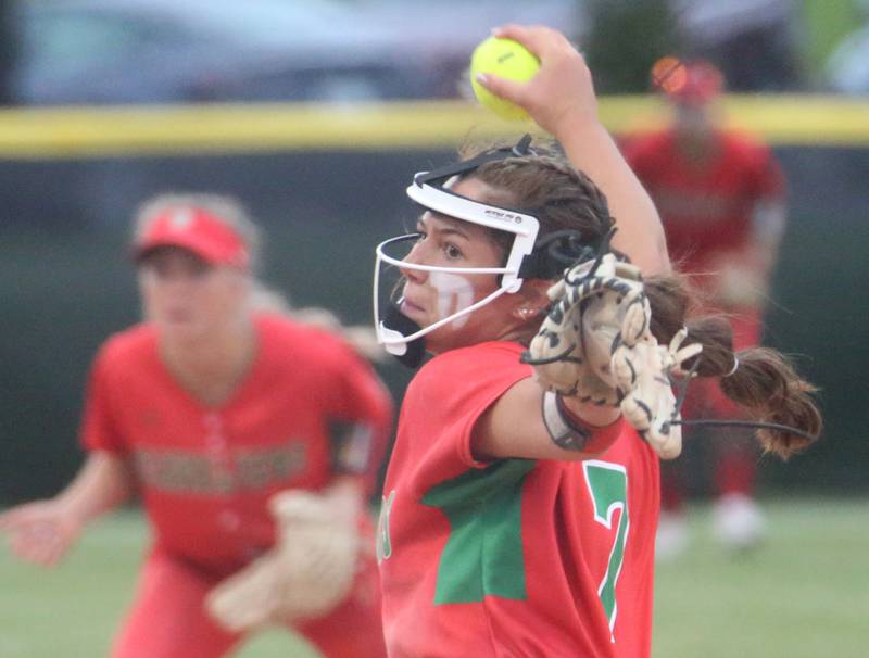 L-P pitcher Callie Mertes delivers a pitch to Streator during the Class 3A Regional semifinal game on Tuesday, May 21, 2024 at Metamora High School.