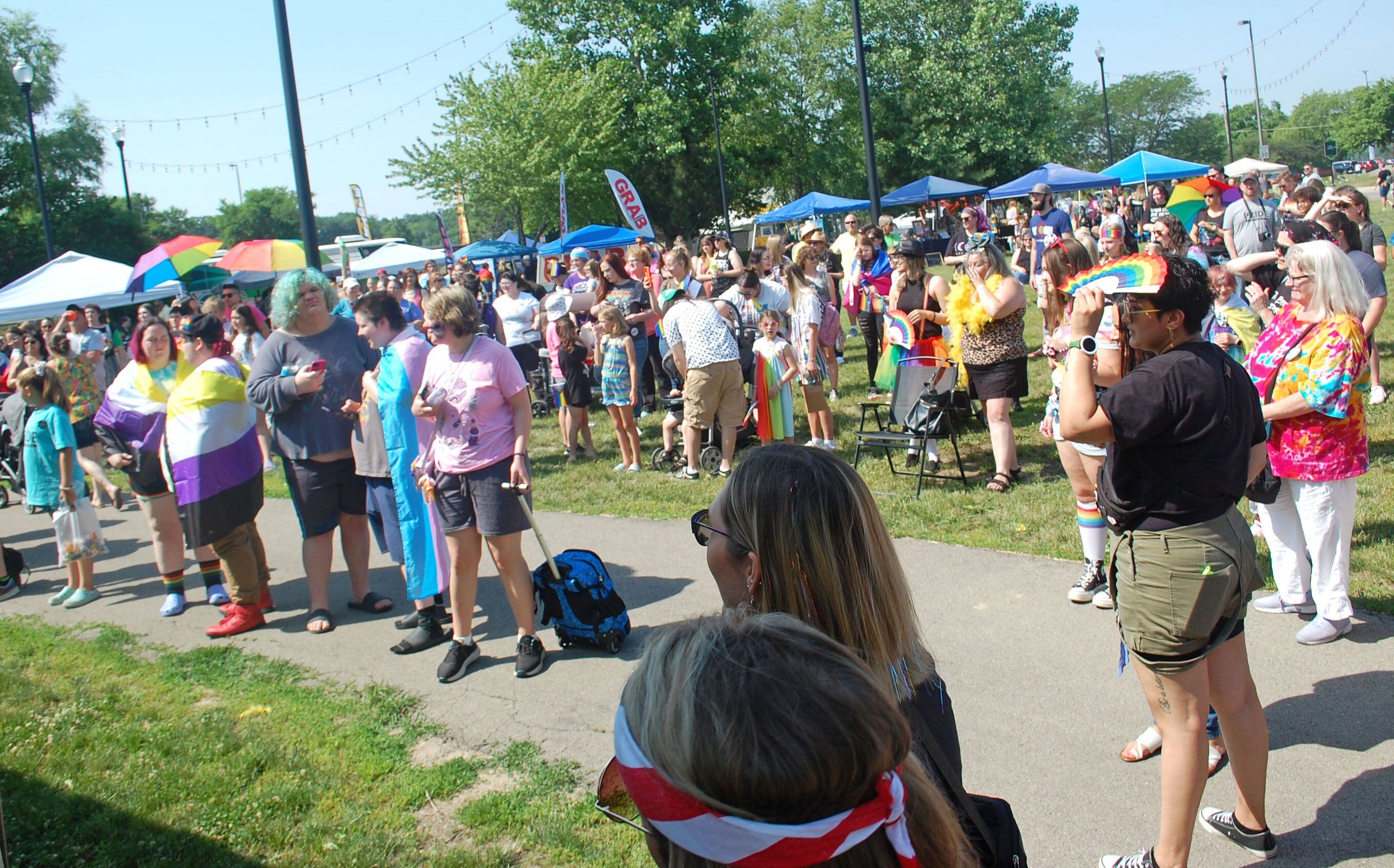 A crowd gathers on the Jordan block to watch the Ottawa Family Pride Festival lip sync battle on Saturday, June 10, 2023.