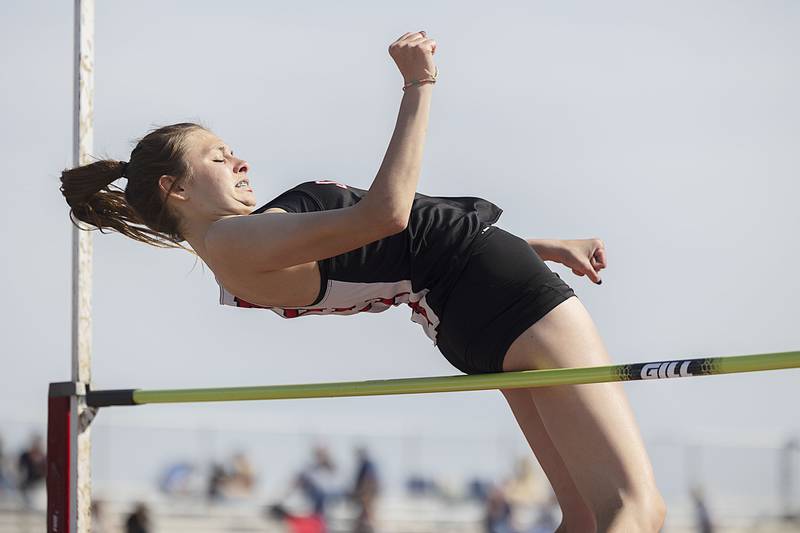 Fulton’s Jordin Rathburn clears the bar in the high jump Wednesday, May 10, 2023 at the class 1A Erie girls track sectional.