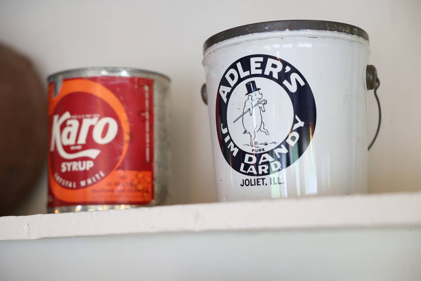 Many of the products original sold at the grocery store were from the Joliet area, including Adler’s Jim Dandy Lard, sit on display at the Emma Planinsek Grocery and Meat Market Museum on Thursday, Sept. 29, 2023.