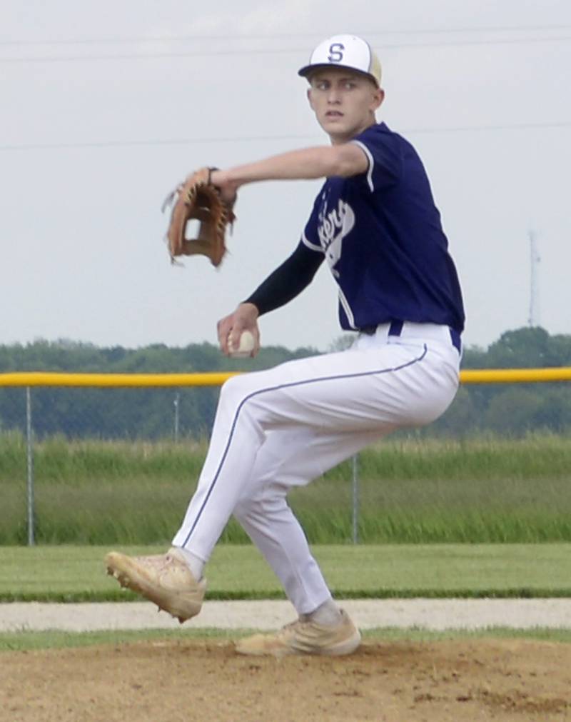 Serena starting pitcher Carson Baker lets go with a pitch against Yorkville Christian Thursday at Serena.