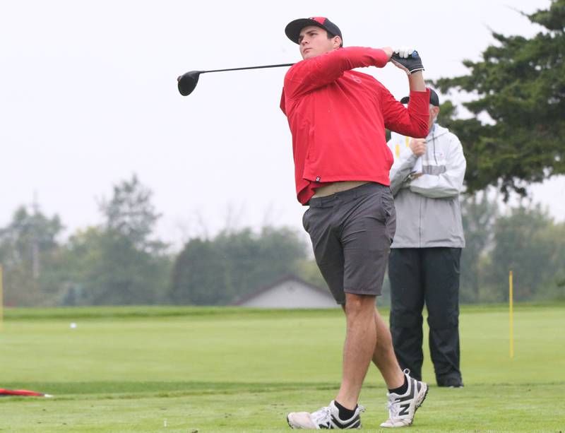 Henry-Senachwine's Lance Kiesewetter tees off during the Class 1A Regional on Wednesday, Sept. 27, 2023 at Wolf Creek Golf Club in Pontiac.