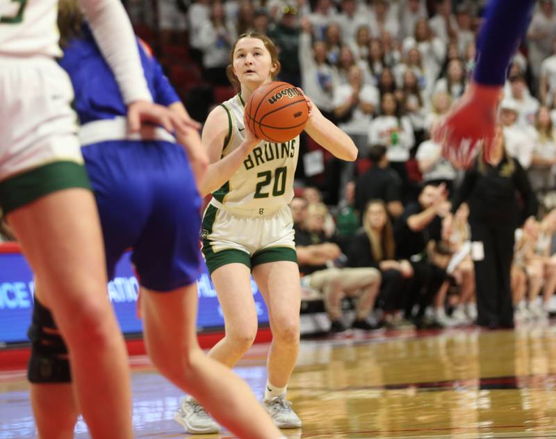St. Bede's Lili McClain shoots a jump shot against Okawville during the Class 1A State semifinal game on Thursday, Feb. 29, 2024 at CEFCU Arena in Normal.
