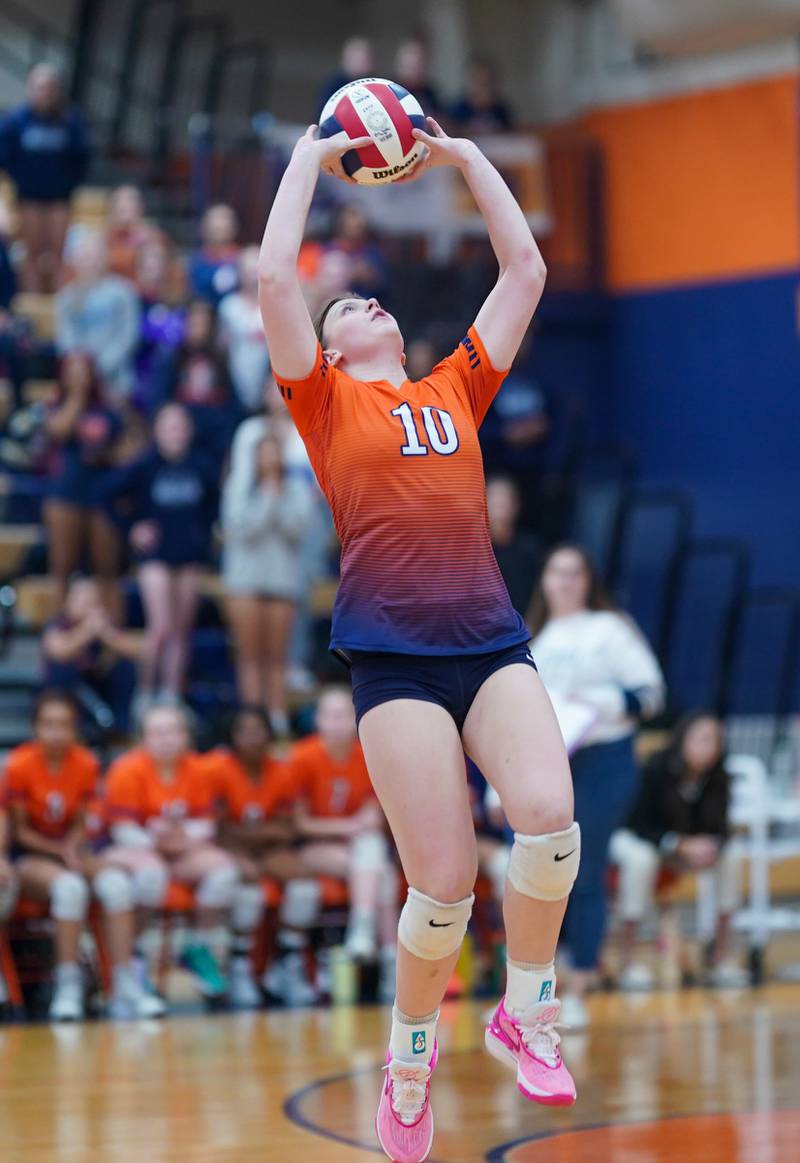 Romeoville's Kameron Blizniak (10) sets the ball against Oswego during a volleyball game at Oswego High School on Tuesday, Oct. 17, 2023.