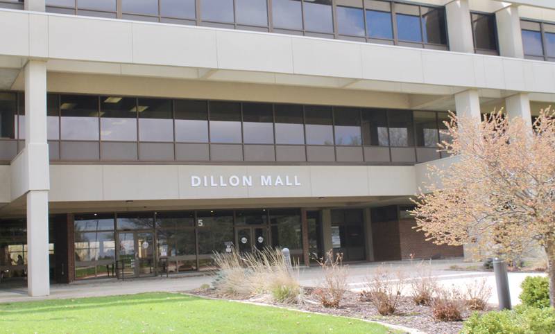 The exterior of Dillon Mall, a main entrance to Sauk Valley Community College, seen on Friday, April 21, 2023.