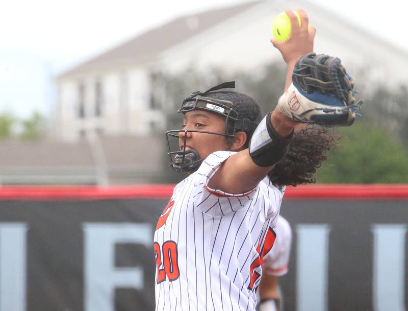 Oswego pitcher Jaelyn Anthony lets go of a pitch to Mundelein during the Class 4A third place game on Saturday, June 8, 2024 at the Louisville Slugger Sports Complex in Peoria.