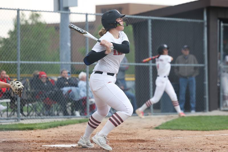 Lincoln-Way Central’s Jamiee Bolduc connects against Lincoln-Way West on Tuesday, May 14, 2024 in New Lenox.