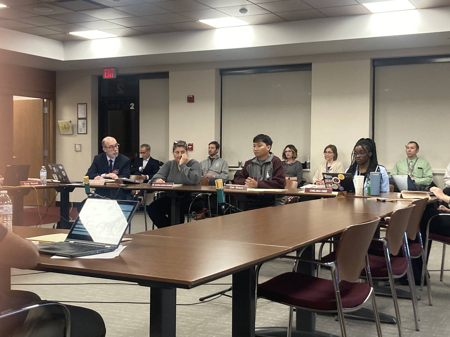 District 205 Superintendent Dr. Robert McBride with board secretary Dr. Sandra Chimon Rogers, board member Zyan Navarra, and student board member Chelsea Osei at an emergency board meeting Nov. 7.