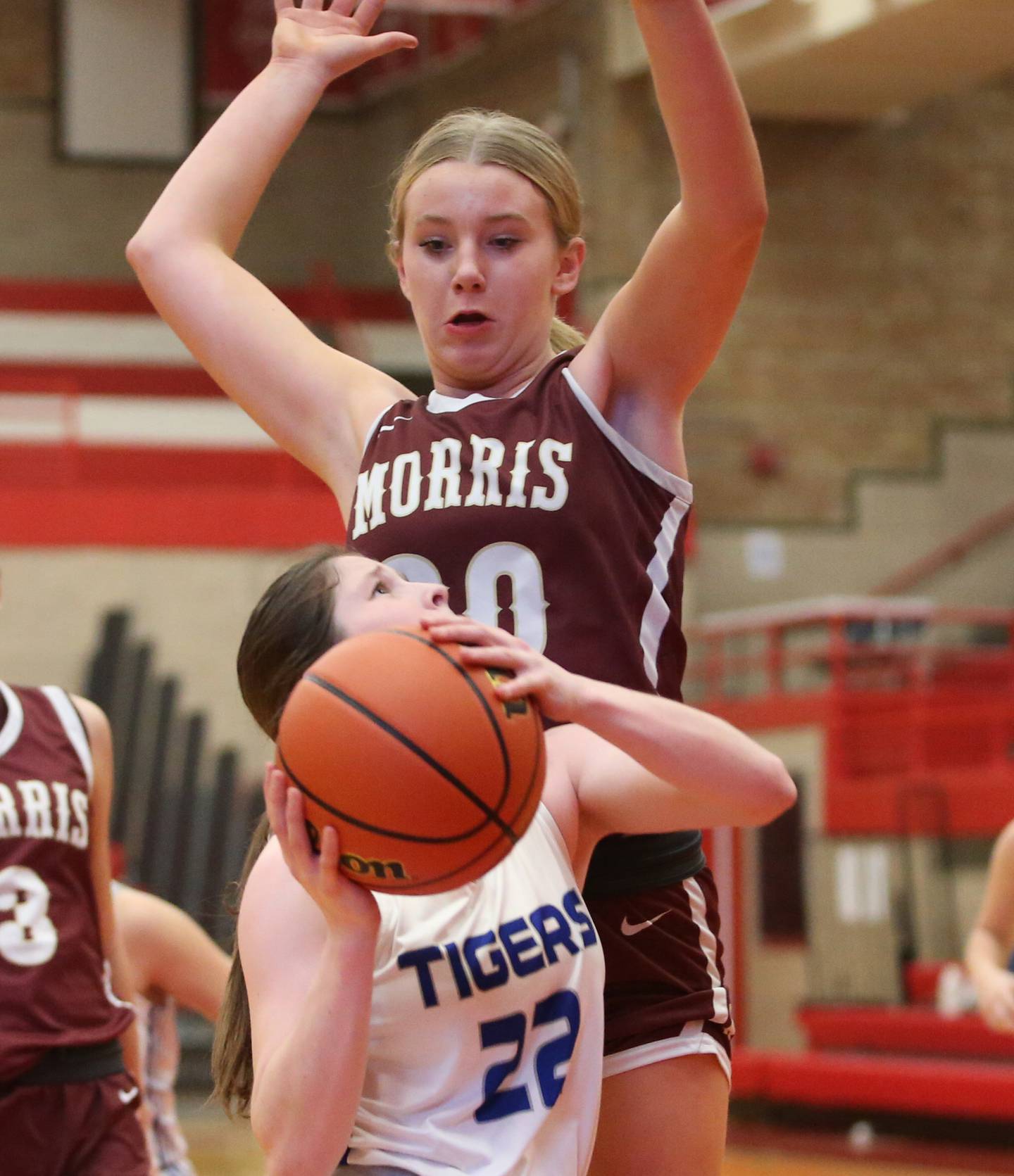 Princeton's Camyrn Driscoll eyes the hoop as Morris's Landrie Callahan defends during the Lady Pirate Holiday Tournament on Wednesday, Dec. 20, 2023 in Kingman Gym.