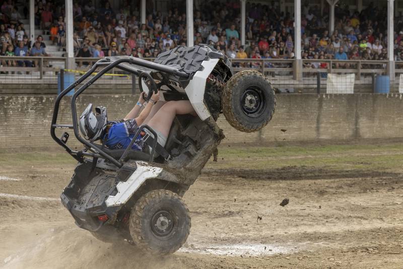 Tabitha Creasy launches her racing buggy straight into the air Saturday, July 20, 2024, during the Overdrive Monster Truck Show at the Bureau County Fairgrounds in Princeton.